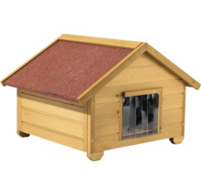Drevená psia búda so strešnou lepenkou
