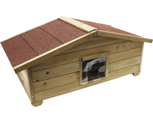 Drevená psia búda s oknom a lepenkou