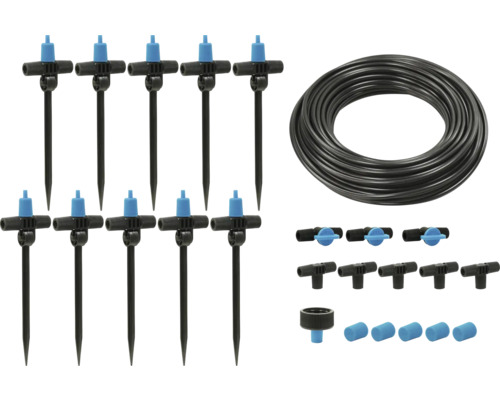 Sada kvapkovej závlahy s regulačnými kohútikmi, spojkami a hadicou