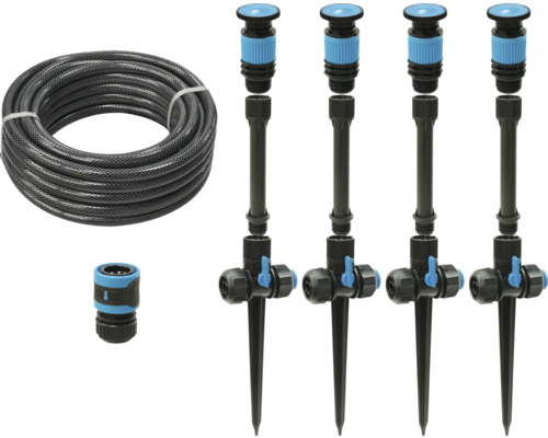 Záhradná hadica s rýchlospojkou a súpravou zavlažovačov na zavlažovanie záhrady