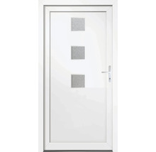 Biele vchodové dvere s tromi štvorcovými sklenenými vložkami a kľučkou