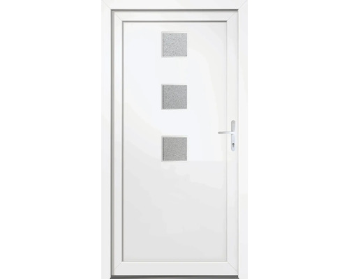 Biele vchodové dvere s tromi štvorcovými sklenenými vložkami a kľučkou