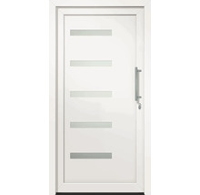 Biele vchodové dvere s piatimi obdĺžnikovými sklenenými vložkami a kľučkou