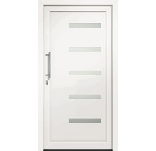 Biele vchodové dvere s piatimi vodorovnými sklenenými vložkami a nerezovou kľučkou