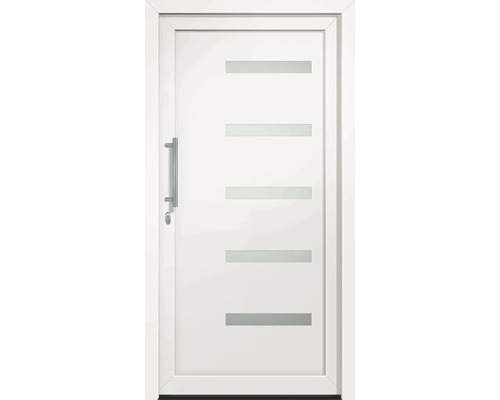 Biele vchodové dvere s piatimi vodorovnými sklenenými vložkami a nerezovou kľučkou