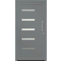 Sivé vchodové dvere s vodorovnými sklenenými vložkami a kľučkou