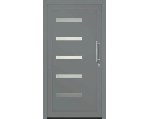 Sivé vchodové dvere s vodorovnými sklenenými vložkami a kľučkou