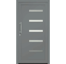 Sivé vchodové dvere s piatimi vodorovnými ozdobnými prvkami, kľučkou a zámkom