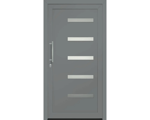 Sivé vchodové dvere s piatimi vodorovnými ozdobnými prvkami, kľučkou a zámkom