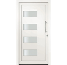 Biele vchodové dvere so štyrmi obdĺžnikovými sklenenými panelmi a kovovou kľučkou