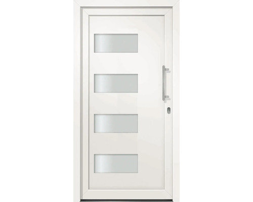 Biele vchodové dvere so štyrmi obdĺžnikovými sklenenými panelmi a kovovou kľučkou