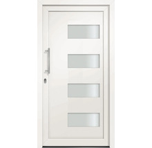 Moderné vchodové dvere so štyrmi sklenenými výplňami a madlom z nehrdzavejúcej ocele