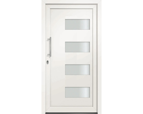 Moderné vchodové dvere so štyrmi sklenenými výplňami a madlom z nehrdzavejúcej ocele