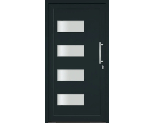 Vchodové dvere s štyrmi obdĺžnikovými sklenenými výplňami a držadlom z nehrdzavejúcej ocele