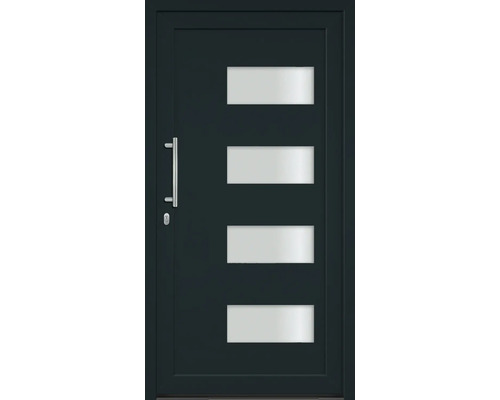 Vchodové dvere so štyrmi obdĺžnikovými sklenenými panelmi a nerezovou kľučkou