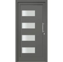 Sivé vchodové dvere s štyrmi obdĺžnikovými sklenenými vložkami