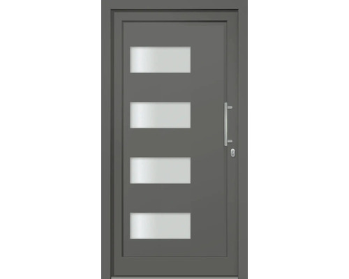 Sivé vchodové dvere s štyrmi obdĺžnikovými sklenenými vložkami