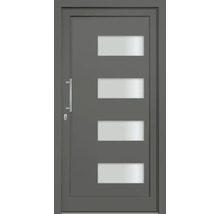 Sivé vchodové dvere so štyrmi obdĺžnikovými sklenenými panelmi a kľučkou