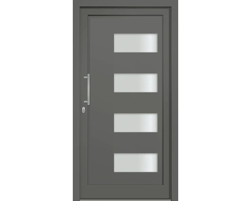 Sivé vchodové dvere so štyrmi obdĺžnikovými sklenenými panelmi a kľučkou