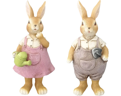 Dve figúrky zajacov v pracovnom oblečení a so záhradným náradím