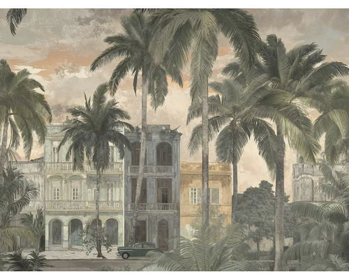 Vliesová fototapeta s motívom tropických paliem pred historickými budovami a veteránom v štýle Havany.