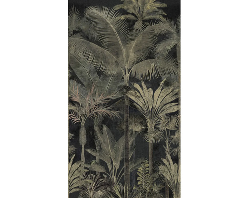 Tapeta s tropickým motívom džungle, rôznymi palmami a veľkými listami vo vintage štýle.