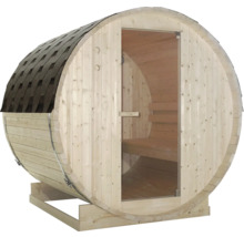Sudová sauna so sklenenými dverami a šindľovou strechou