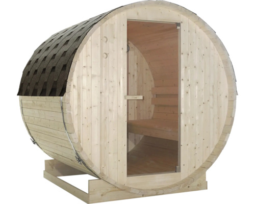 Sudová sauna so sklenenými dverami a šindľovou strechou