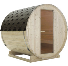 Sudová sauna z dreva s dverami a strešnými šindľami