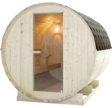 Sudová sauna so sklenenými dverami a šindľovou strechou