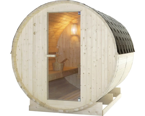 Sudová sauna so sklenenými dverami a šindľovou strechou