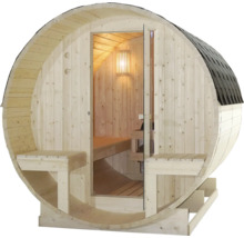 Drevená sudová sauna so sklenenými dverami a lavicami