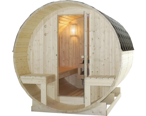 Drevená sudová sauna so sklenenými dverami a lavicami