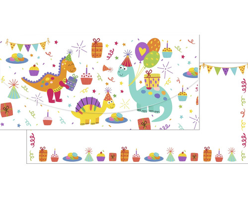 Dekoratívna bordúra s dinosaurami, darčekmi a balónmi na narodeninovú oslavu.