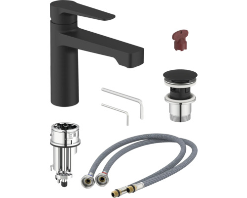 Umývadlová batéria v čiernej farbe s príslušenstvom