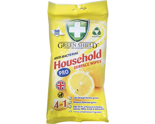 Antibakteriálne obrúsky GreenShield pre domácnosť vlhčené 4 v1 50ks Balenie antibakteriálnych utierok pre domácnosť s vôňou citrónu