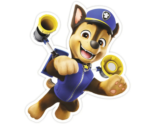3D Penová dekorácia na stenu Tlapková patrola Chase v akcii 22 x 20 cm Samolepka s Chasem, nemeckým ovčiakom z Labkovej patroly, v policajnej uniforme a megafónu