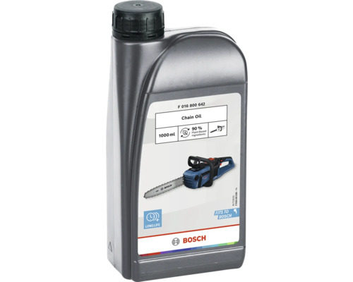 Fľaša reťazového oleja Bosch, 1000 ml, s informáciou o 90 percentách rastlinných zložiek.