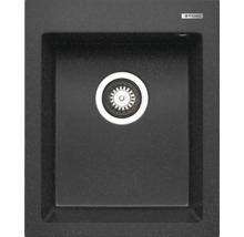 Čierny kompozitný kuchynský drez so sitkovým ventilom a logom Pyramis