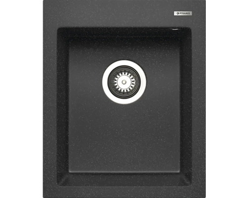 Čierny kompozitný kuchynský drez so sitkovým ventilom a logom Pyramis