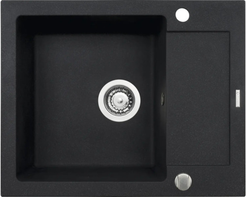 Čierny granitový drez s odkvapkávacou plochou a odtokovou súpravou