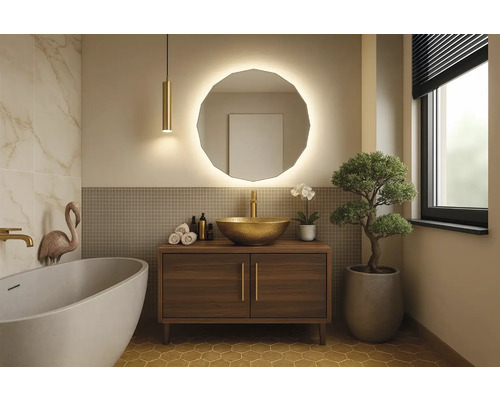 Kúpeľňa s umývadlovou skrinkou, zrkadlom s osvetlením, vaňou a dekoráciou