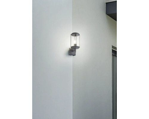 Sivé vonkajšie nástenné svietidlo s priehľadným valcovým skleneným tienidlom osvetľuje roh.
