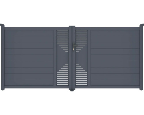 Sivá záhradná bránka s horizontálnymi lamelami a ozdobnými výrezmi
