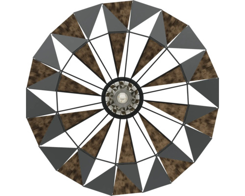 Stropné svietidlo s trojuholníkovými prvkami z dreva a kovu