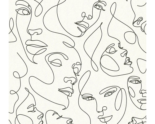 Tapeta s tvárami v technike continuous line art, minimalistický dizajn s čiernymi líniami.