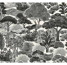 Vliesová tapeta s motívom krajiny, detailná ilustrácia stromov, kríkov a kvetov v grafickom štýle kresby.