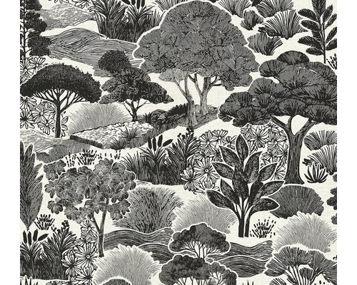 Vliesová tapeta s motívom krajiny, detailná ilustrácia stromov, kríkov a kvetov v grafickom štýle kresby.