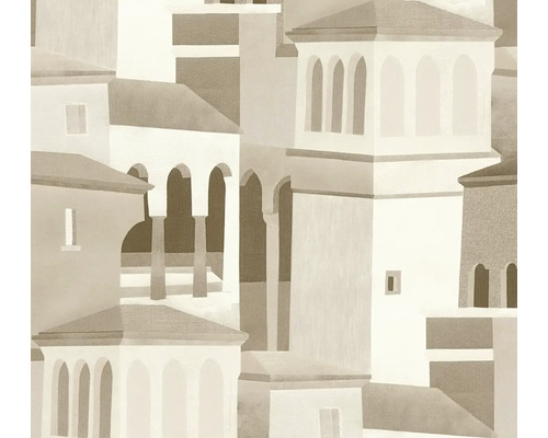 Vliesová tapeta s abstraktným architektonickým vzorom stredomorských budov s oblúkmi a vežami v béžovej a hnedej farbe.