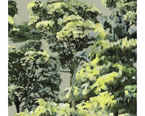Vliesová tapeta s maliarskym vzorom stromov v zelenej a žltej farbe.